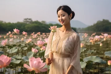Poster Portrait of beautiful woman wearing rose dress closed eye floating in blue river with dark and light pink lotus flower. Generative AI. © Surachetsh