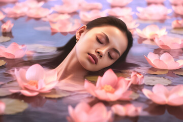 Obraz na płótnie Canvas Portrait of beautiful woman wearing rose dress closed eye floating in blue river with dark and light pink lotus flower. Generative AI.
