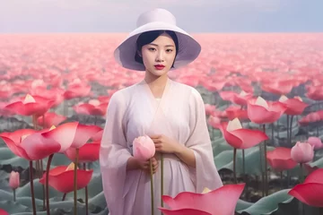  Portrait of beautiful woman wearing rose dress closed eye floating in blue river with dark and light pink lotus flower. Generative AI. © Surachetsh