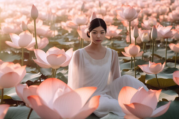 Fototapeta premium Portrait of beautiful woman wearing rose dress closed eye floating in blue river with dark and light pink lotus flower. Generative AI.