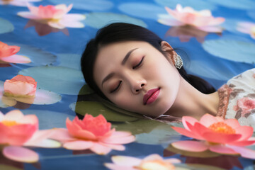 Portrait of beautiful woman wearing rose dress closed eye floating in blue river with dark and light pink lotus flower. Generative AI.