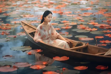Zelfklevend Fotobehang Portrait of beautiful woman wearing rose dress closed eye floating in blue river with dark and light pink lotus flower. Generative AI. © Surachetsh