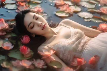 Fototapeten Portrait of beautiful woman wearing rose dress closed eye floating in blue river with dark and light pink lotus flower. Generative AI. © Surachetsh