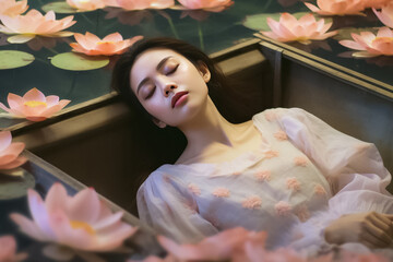Portrait of beautiful woman wearing rose dress closed eye floating in blue river with dark and light pink lotus flower. Generative AI.