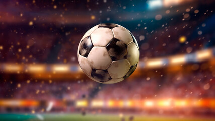 Naklejka premium Champions League, the soccer ball glides on the pitch of stadium. Generative AI