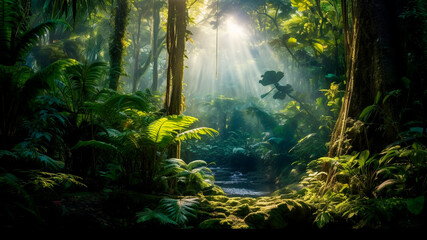 Verdant rainforest teeming with lush plant life, natural sunlight. Generative AI