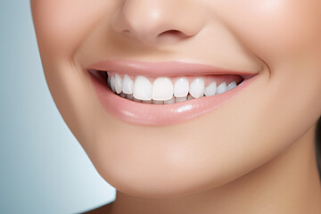 Obraz premium Generative AI concept close up cropped photo of woman mouth with perfect white bright smile and healthy teeth