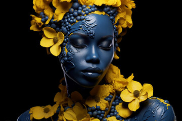 Beautiful black woman model body face skin colored in traditional urkainian colors with sunflowers in her hair generative ai image