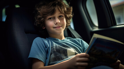 Kid is reading a book sitting in the back seat of a car. Generative AI