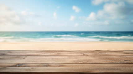 Fototapeta na wymiar Empty wooden table on beach copyspace background. Product display montage