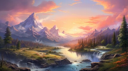 Fototapeta na wymiar Beautiful sunset landscape background, illustration