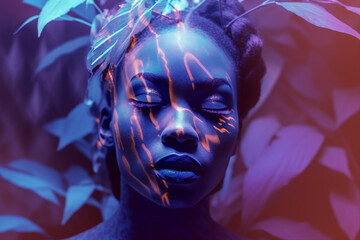Futuristic surreal photography portrait of beautiful young woman tribe princess red blue color light generative ai concept