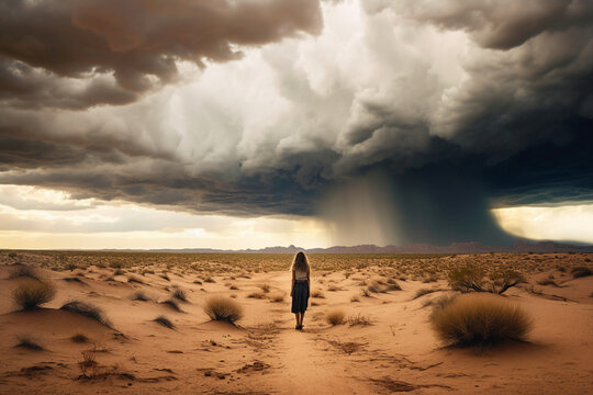 Surreal futuristic 3d picture back view of young girl alone egypt desert watching heavy windy storm rain created by generative ai concept