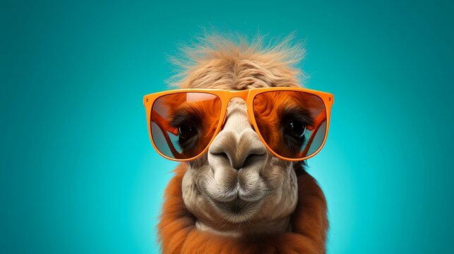 Camel in sunglass shade glasses isolated on solid