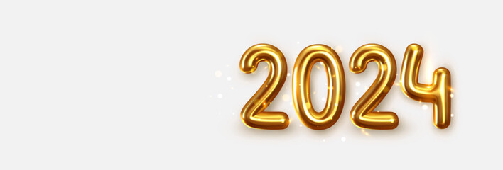 Happy New Year 2024. Golden realistic metallic 3d numbers with golden lights blur bokeh. Christmas horizontal poster, banner, cover card, brochure, flyer, layout design. Vector illustration