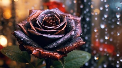 Beautiful dark brown rose with drops of water on the petals. Mother's day concept with a space for a text. Valentine day concept with a copy space.