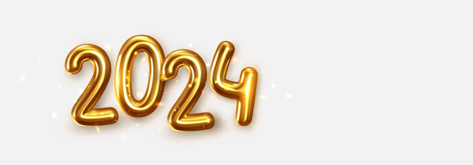 Happy New Year 2024. Golden realistic metallic 3d numbers with golden lights blur bokeh. Christmas horizontal poster, banner, cover card, brochure, flyer, layout design. Vector illustration