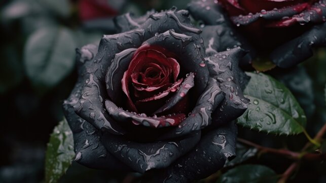 Beautiful dark black rose with water drops on the petals. Mother's day concept with a space for a text. Valentine day concept with a copy space.
