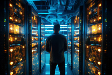 Generative ai collage image photo of professional it specialist analyzing data warehouse room