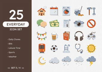 Everyday icon set. Hand-drawn daily life icons, perfect for calendars and daily planners. Colorful style. Daily chores, bills, hobbies, weather forecast... 25 icons. Set 3 of 4.