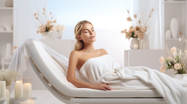 beautiful young woman reclining luxuriously on a spa bed surrounded by an array of premium beauty products in a white room.