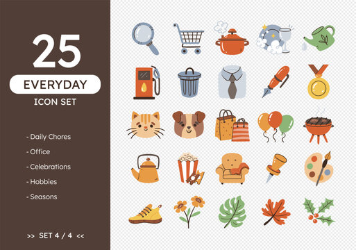 Everyday icon set. Hand-drawn daily life icons, perfect for calendars and daily planners. Colorful style. Daily chores, pets, parties, seasons, and celebrations. 25 icons. Set 4 of 4.
