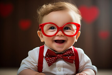 Picture of pretty cute beautiful baby in big stylish red glasses having fun celebrating valentine day generative AI technology