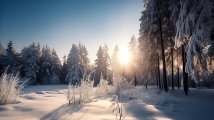 Winter beautiful mountain landscape with trees covered hoarfrost and bright sunlights.