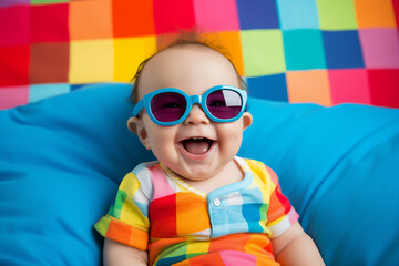 Created by generative AI portrait of happy positive funny baby wearing stylish big colored sunglasses