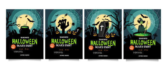 Halloween party invitations or greeting cards set with handwritten text, zombies, pumpkins, witches, graves and bats
