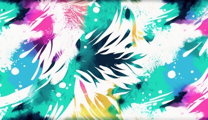 Abstract Digital Hand Painting Tie Dye Watercolor Brush Strokes Stains Splashes Seamless Pattern with Blurred Background