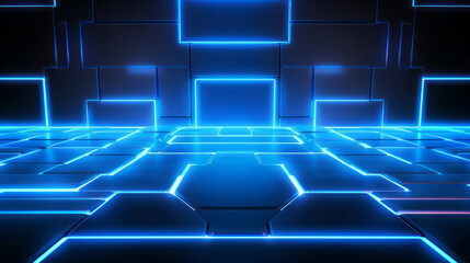 Obraz premium Background abstract blue technology box floor cyberspace with glowing cubes and neon lights