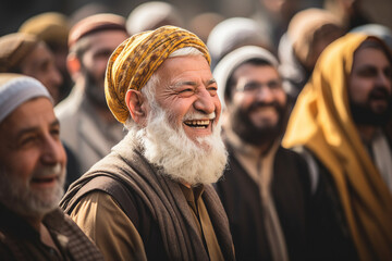 Generative AI picture of many elderly men celebrating a traditional national holiday in the city center