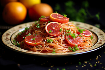 Inventive dish of spaghetti with pepper and grapefruit. Bold taste in spicy spaghetti and grapefruit culinary adventure. Concept of inspiration of flavors and combinations.