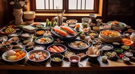 Fototapeta na wymiar seafood on the table, seafood with sushi on the table, designed seafood close-up, japanese food on the table