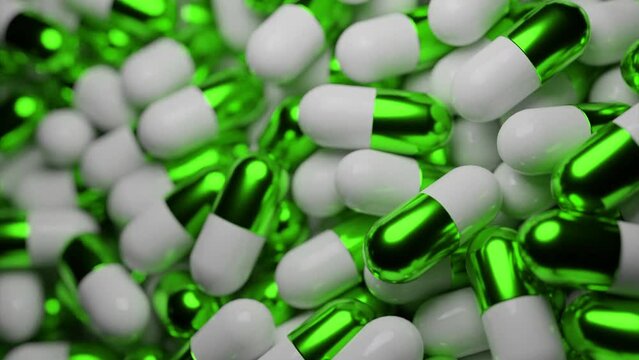 3D tablets move in heap. Design. Shiny parts of tablets in moving stream. Lots of 3d pills in animated background. Pharmacological animation with pills