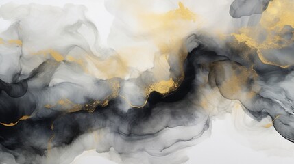 Abstract grey art with gold a?" black and white background with beautiful smudges and stains made with alcohol ink and golden paint. Grey fluid texture resembles marble, smoke, watercolor or aquarelle