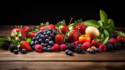 Healthy food background. Concept of Healthy Food, Fresh Vegetables, Nuts and Fruits. On a wooden background. Top view. Copy space.