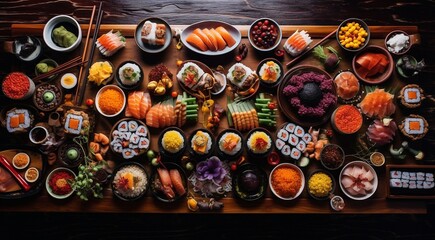 seafood on the table, seafood with sushi on the table, designed seafood close-up, japanese food on the table - obrazy, fototapety, plakaty