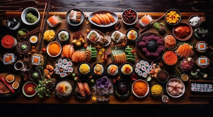 Poster seafood on the table, seafood with sushi on the table, designed seafood close-up, japanese food on the table © Gegham