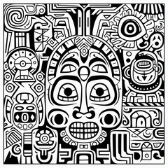 Page to draw, image of a Mayan-style face, in black and white to illuminate