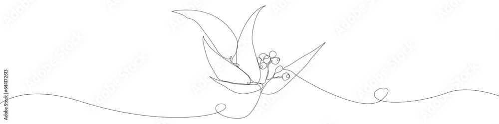 Poster one line continuous draw eucalyptus vector icon. linear background eucalyptus branch icon. one line 