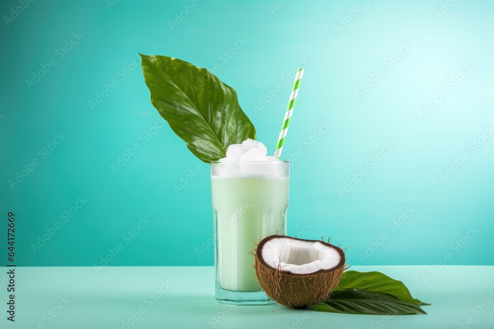 Poster cocktail with coconut on a green background.