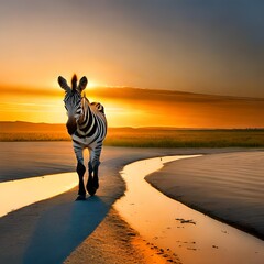 Zebra walking on the beach Created using generative AI tolls