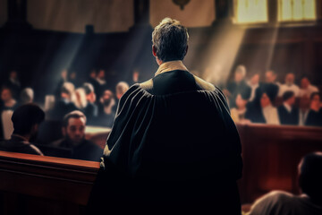 Avocat avec sa robe, vu de dos au tribunal
