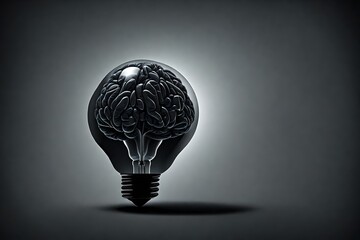 human brain inside light bulb on black background