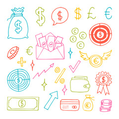 Hand drawn business icons. Finance, money, investment, strategy. Doodle, sketch design