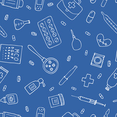 Health care seamless pattern. Hand drawn medicine elements. Pharmacy, medical background
