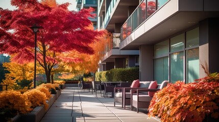 a vibrant hotel with balconies against the backdrop of traditional private townhouses decked out in rich autumn hues.