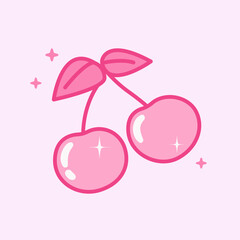 Cute cherry couple graphic element in y2k 90s style. Berry icon for card, sticker, print design. Pink glamour vector illustration